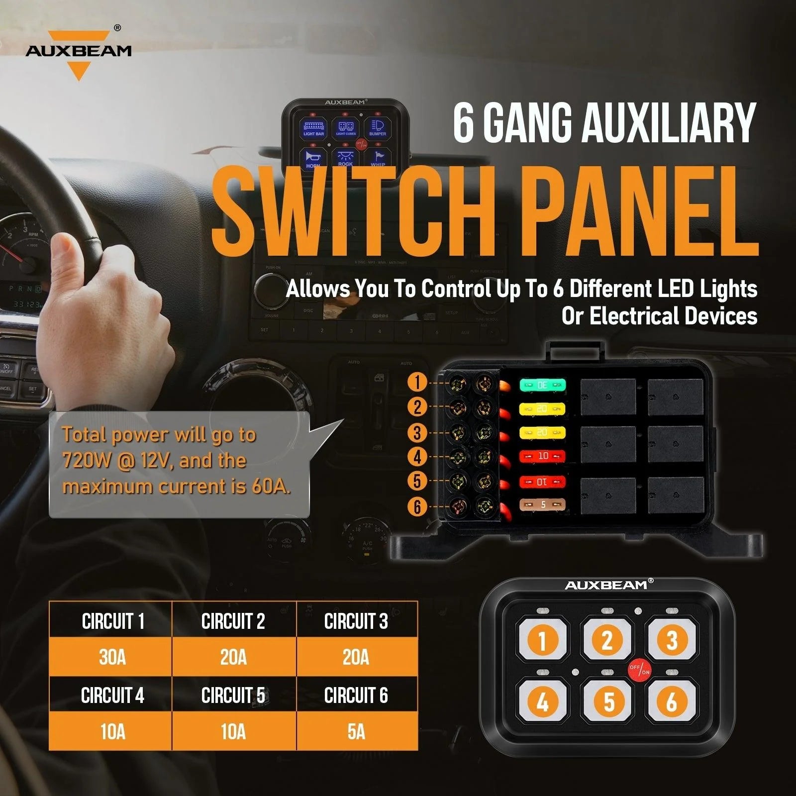 6 GANG LED SWITCH PANEL, OFF ROAD LIGHT CONTROLLER (BLUE) BC60