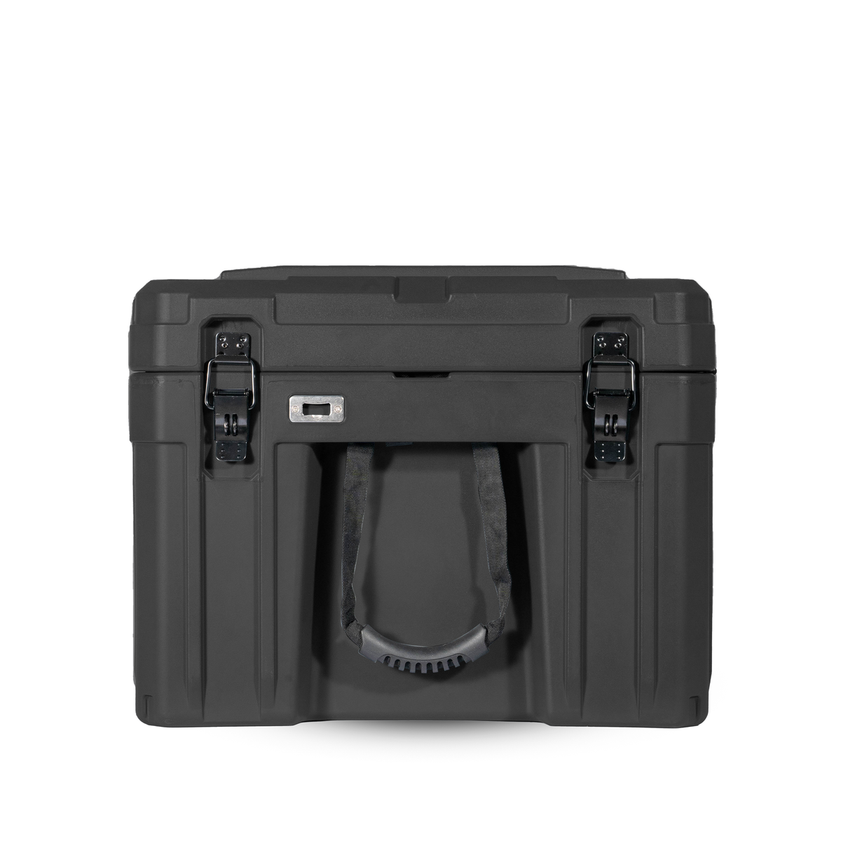 Black hard-shell suitcase with a handle on a white background