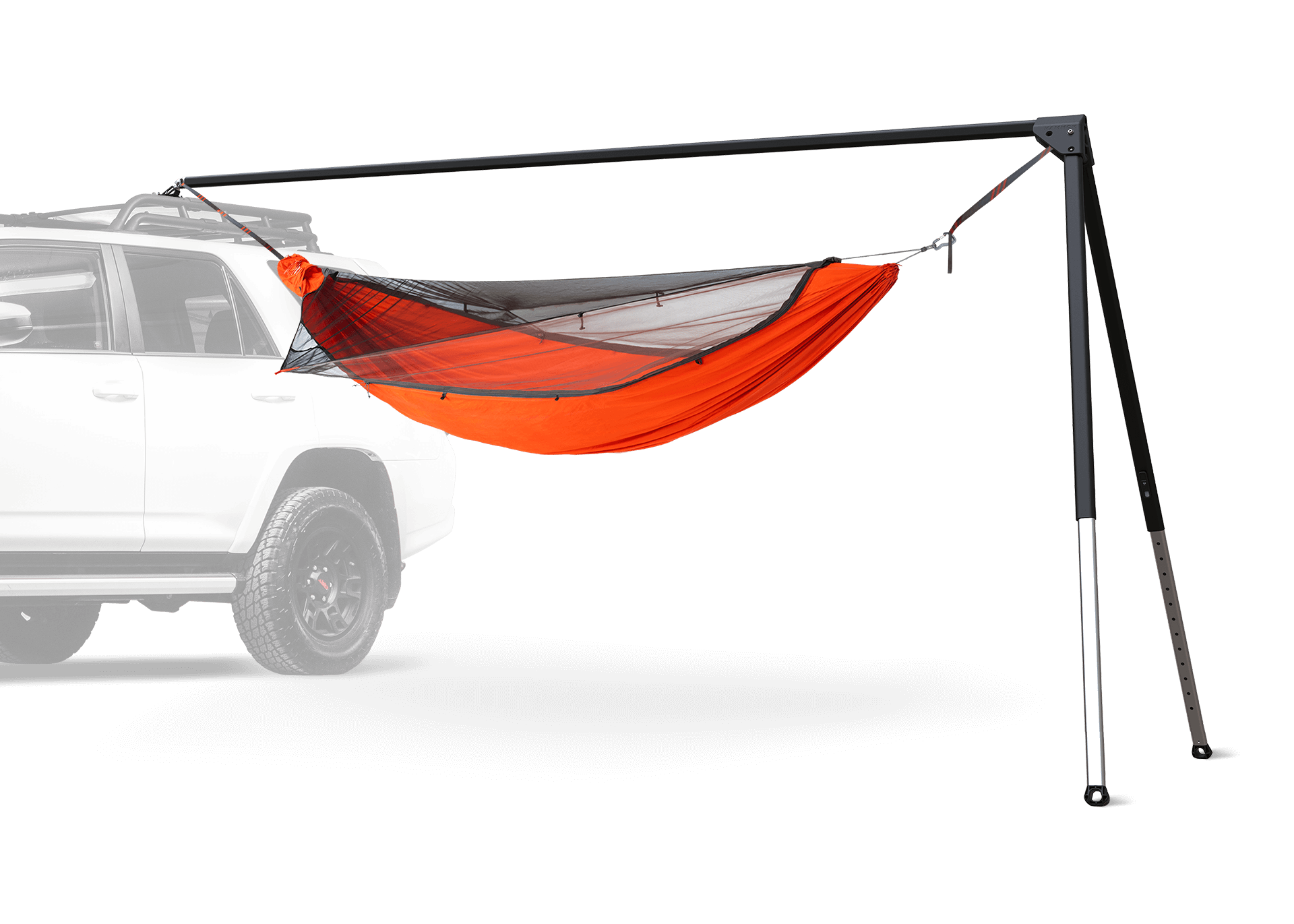 Orange hammock attached to a vehicle with a black stand on a white background