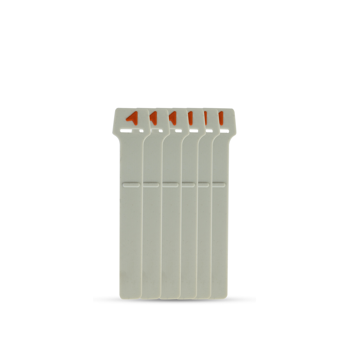 Set of five gray RFID tags with red labels on a white background