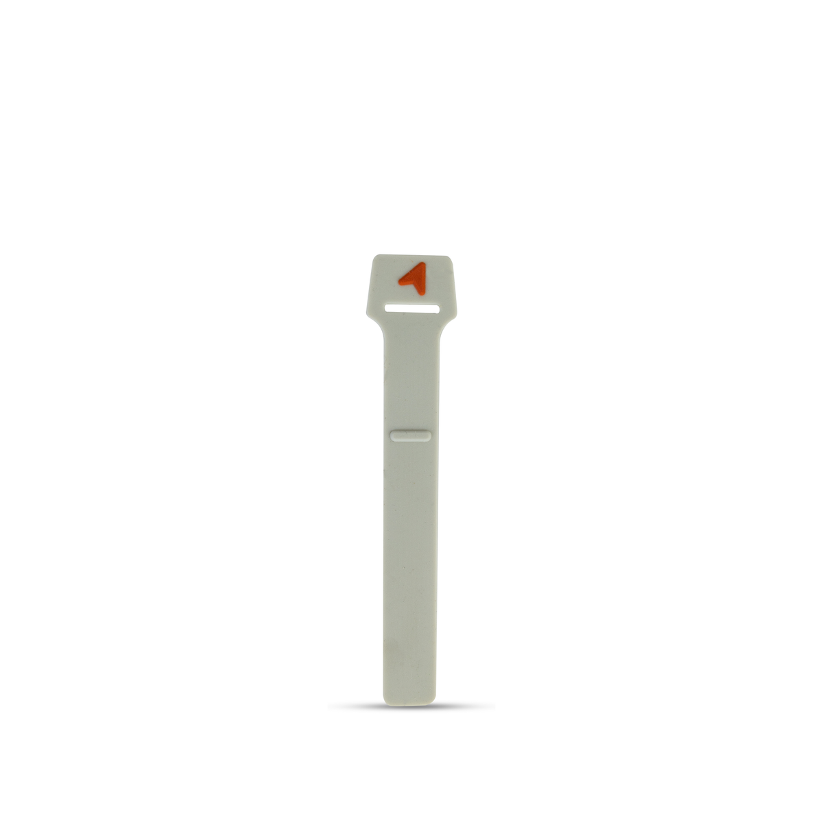 A light gray plastic tie-down strap with a small orange arrow pointing upward on the loop, shown against a plain white background.